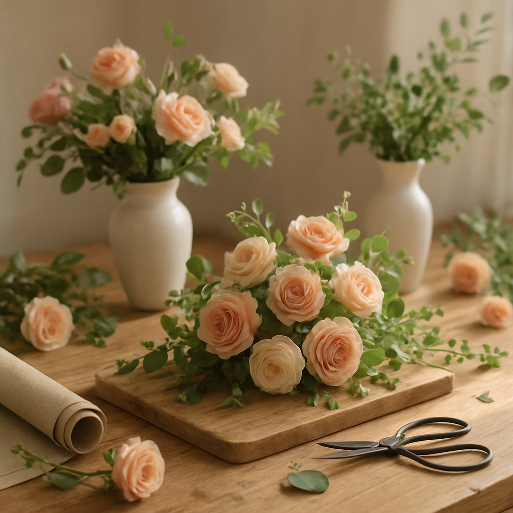 Artisan florist workbench with seasonal flowers being arranged — roses, ranunculus and foliage