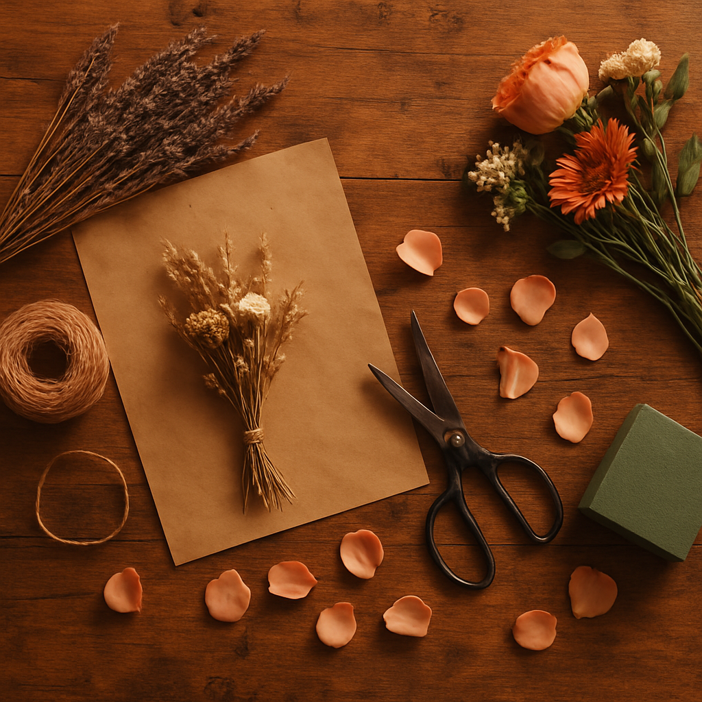 Overhead view of a florist's workspace with dried flowers, tools and kraft paper