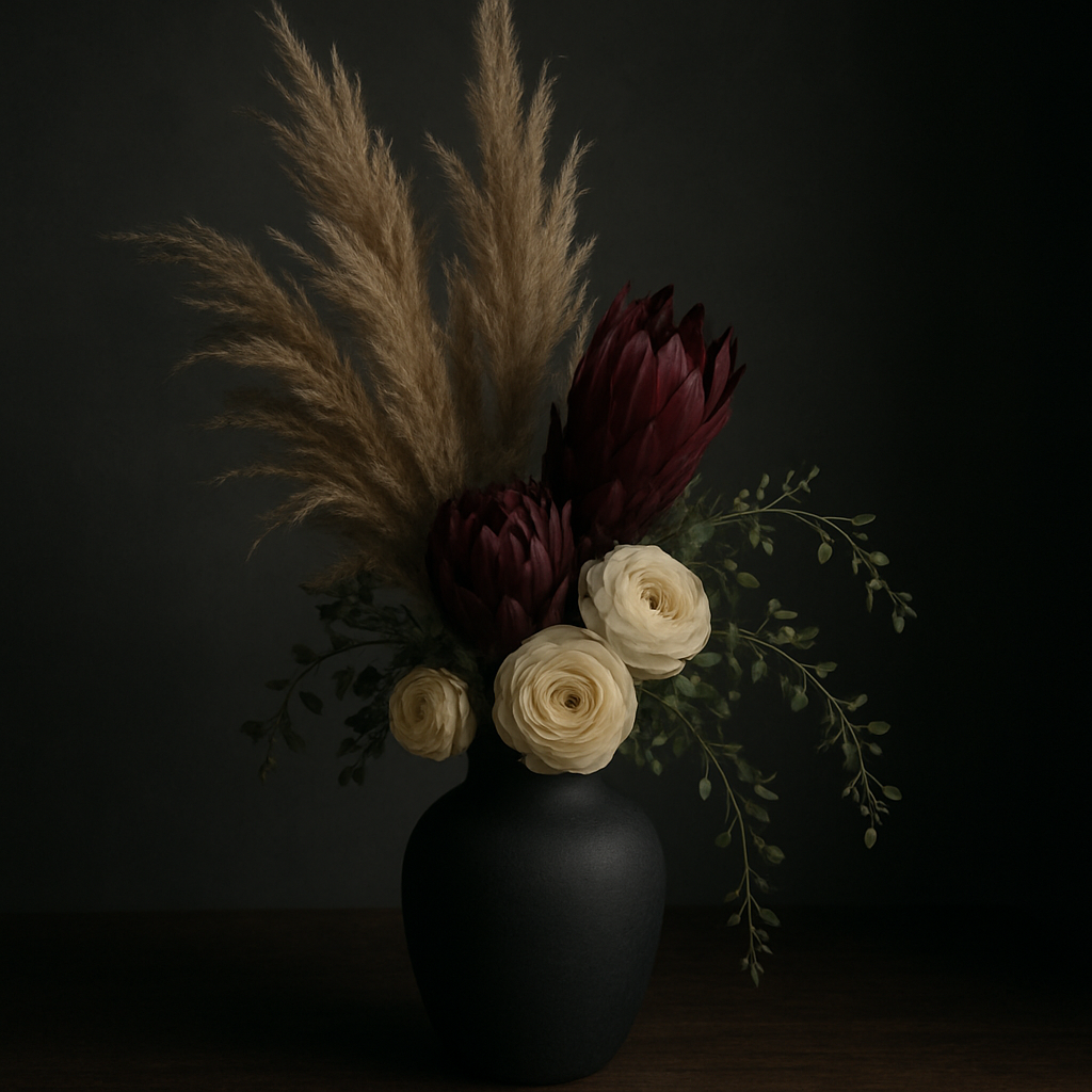 Custom floral arrangement in a dark matte vase featuring dried pampas, burgundy protea and cream ranunculus