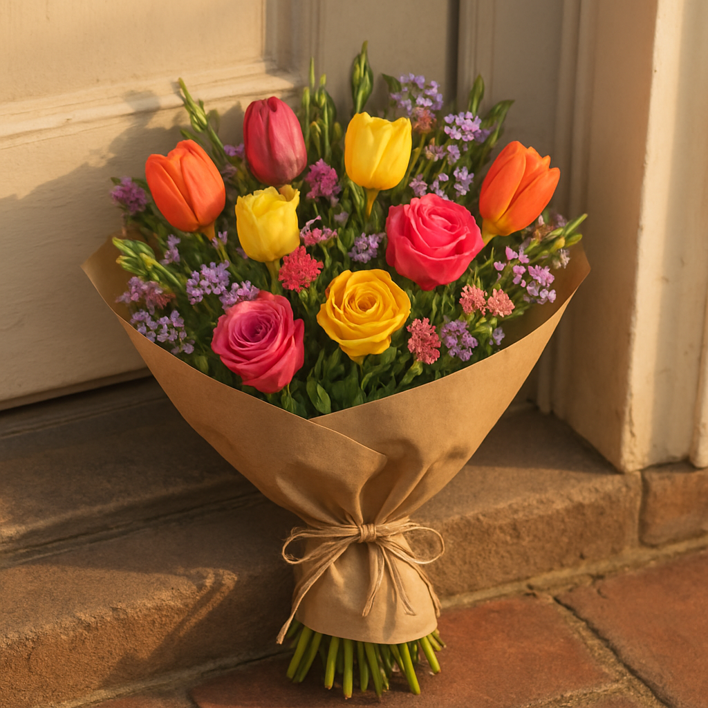 Fresh flower bouquet wrapped in kraft paper with twine placed next to a doorstep