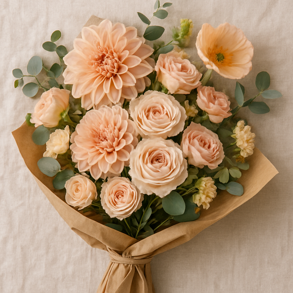 A stunning seasonal flower bouquet with dahlias, roses, poppies and eucalyptus wrapped in kraft paper