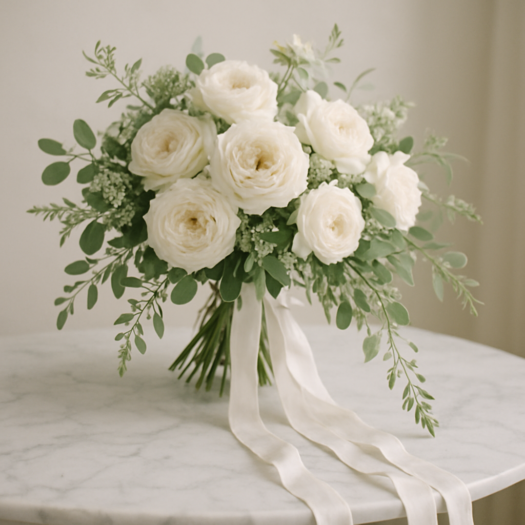Elegant cascading bridal bouquet of white garden roses and greenery on a marble table